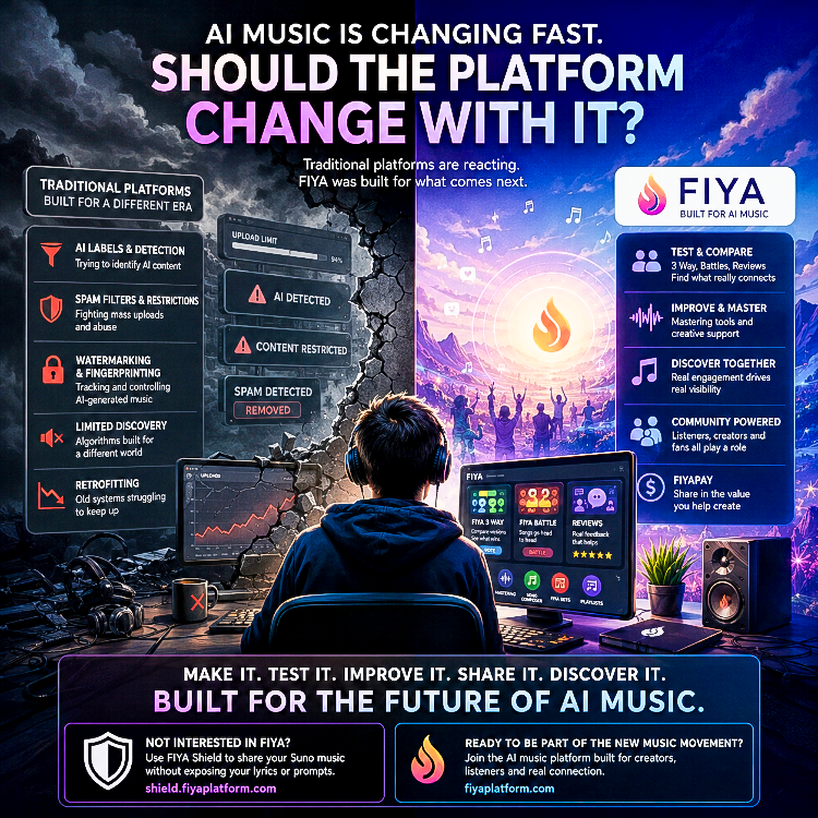 AI music disrupting traditional streaming platforms while FIYA represents a new platform model built specifically for AI-generated music.