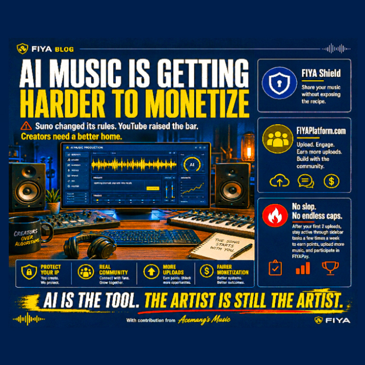 AI music monetization graphic featuring FIYA Shield, FIYAPlatform.com and Acemang’s Music discussing Suno changes, creator rights and AI music monetization.