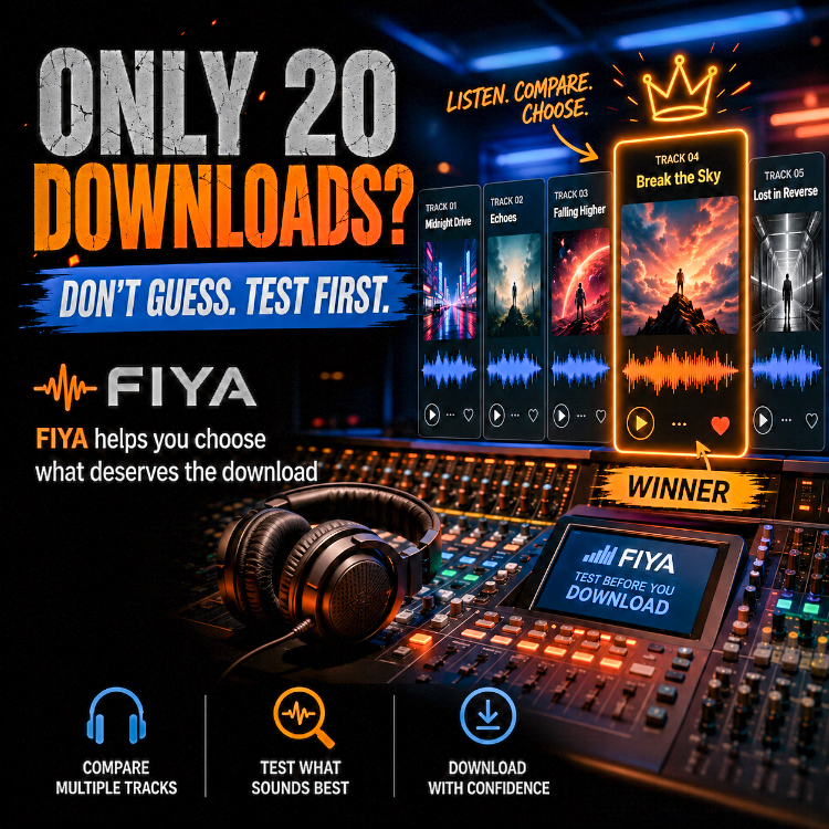 Suno download limits graphic showing audio waveforms and FIYA as a sounding board for testing AI music before downloading.