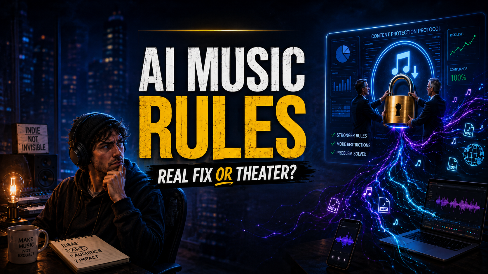 AI music creator questioning new industry restrictions while corporate figures lock down music behind AI rules, with audio still escaping around the restrictions.